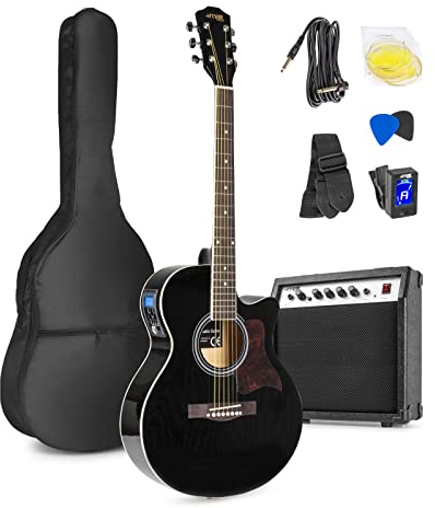 Max Showkit - Guitare Électro-Acoustique Adulte - Noire, Cordes en Acier, Amplificateur Intégré 40W, Livré avec un Sac de Transport et une Sangle, pour Musiciens Débutants