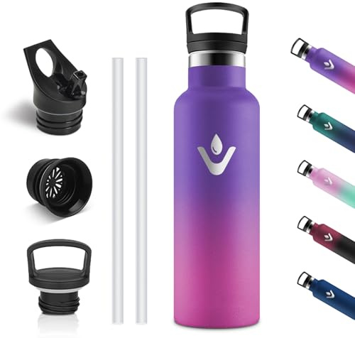 Vikastar Edelstahl Trinkflasche, Thermosflasche 500 ml, BPA-frei Trinkflasche, Thermosflasche mit Strohhalm, Trinkflaschee für Schule, Sport, Fahrrad, Camping, Tiefes Lila & Rosa