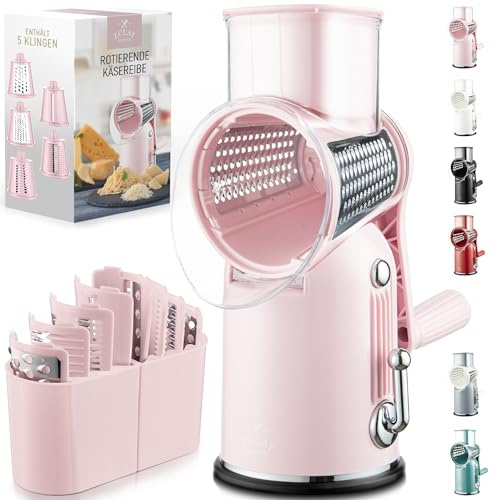 Zulay Kitchen Ostrivjärn manuell med 5 trummor – rivjärn rostfritt stål handvev grönsaksrivare & parmesanrivare, ostrivare med stark sugkraft, rund rivjärn, rivjärn med vev, rosa