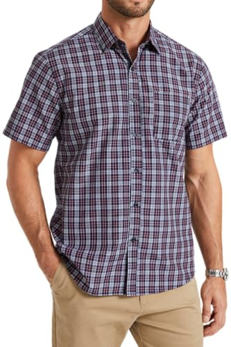 HISDERN Mens Navy Blue Checked Shirt Short Sleeve Casual Button Down Plaid Shirts for Mens Summer Formal Business Gingham Checkered Work Regular Fit with Pocket L