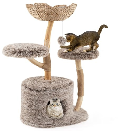 COSTWAY 105 cm klösträd trä, kattträd med kattgrotta, 2 plyschsitsar, korg, klösstolpar av jute och boll, katttorn, kattmöbler, massivt trä, klösträd, klätterträd, katter, brunt