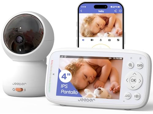 jeeber Camara Vigilancia Bebe con App Movil, 4 IPS Pantalla, 360 ​​Grados, Visión Nocturna, Detección Inteligente de llanto, Área de Seguridad Personalizada, VOX