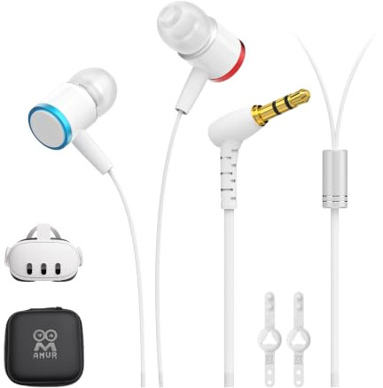 AMVR Noise-Isolating in-Ear Headphones Compatible with Meta Quest 3 - VR Accessories Low Bass Earphones with Custom Silicone Earplugs and Strap Holder | Enhance 360-Degree Surround Sound