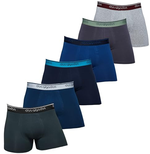 DON ALGODON | Pack 6 Boxers Hombre Suaves, Transpirables y Resistentes (FR/ES, Letras, L, Regular, Regular, Azul Verdoso/Gris Oscuro/Gris Claro/Marino/Azul/Teja)