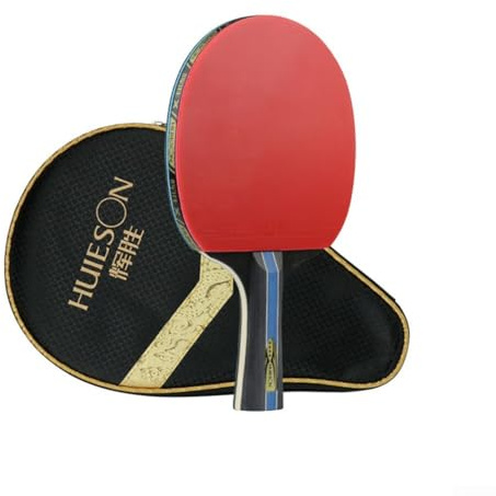 Raqueta de tenis de mesa, goma adhesiva para superficie de 7 capas, mango ligero y cómodo para principiantes, adolescentes, rojo y negro (mango corto)
