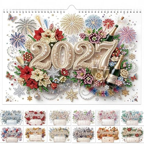 Diamond Art Painting Calendrier mural 2027, 17 x 24,9 cm, 12 mois, calendrier mural à suspendre, parfait pour la maison, le bureau - 06-2027 mois