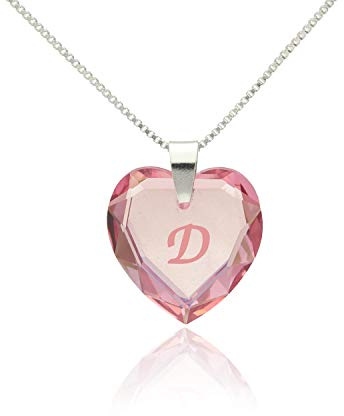 Collana per bambini in argento Sterling 925 con elementi Swarovski, ciondolo a forma di cuore rosé AB e incisione lettere A - Z.