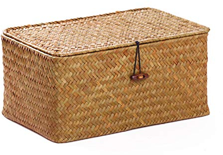 Seagrass Storage Baskets with Lid Natural Rattan Woven Rectangular Organizer Box (Small 26cmx14cmx11cm H)