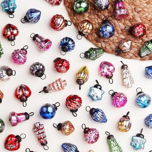 Indianshelf 25 Piece Handcrafted Glass Vintage Ornaments with Gift Box- Vintage Christmas Tree Ornaments Set- Distress Mini Xmas Decor - Unique Retro Christmas Decorations Bulk, Reusable Holiday Decor