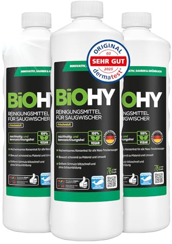 BiOHY Rengöringsmedel för sugmopp med fräsch doft (3 x 1 liter) | 1:200 koncentrat för alla våt- och torrdammsugare | perfekt för kakel, PVC, parkett, laminat och matta | randfri glans