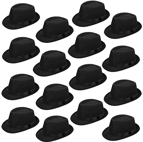 Lasnten 16 Pcs Fedora Style Hat Bulk Men 1920s Gangster Short Brim Panama Cap Women Party Costume, Circumference 60 cm(Black)