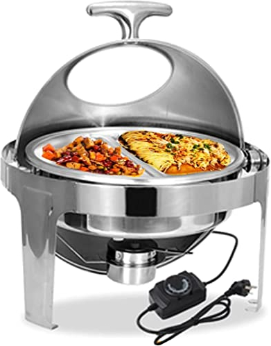 UZOURI Chafing Dish Buffet con Tapa Visible Calentador de Comida Eléctrico, Servidor de Buffet Calientaplatos de Acero Inoxidable para Comercial y Hogar (6L, 400W)