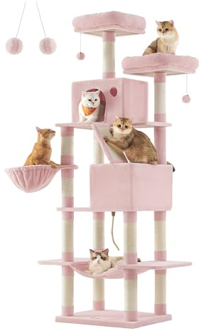 Feandrea stor skrapstolpe 206 cm hög XXL kattträd med 13 skrapstolpar, 2 plattformar, 2 grottor, korg, hängmatta, plyschbollar, kattskrapstolpe på flera nivåer, pastellrosa PCT190P01 | Plyschtyg, 2 plattform, 2 nischer, korg, hängmatta, pompom, godisrosa, kollektion CLAWFY PCT190P01V1