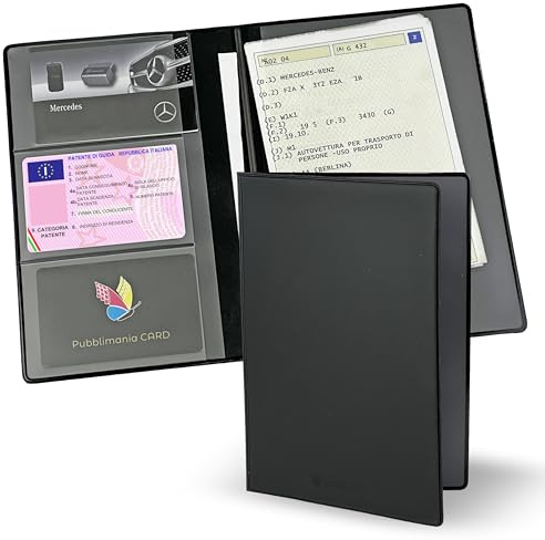 pubblimania Portadocumenti Auto Moto, chiusura a due ante Made in Italy. Per libretto, card, assicurazione, bollo o documenti da viaggio (Nero)