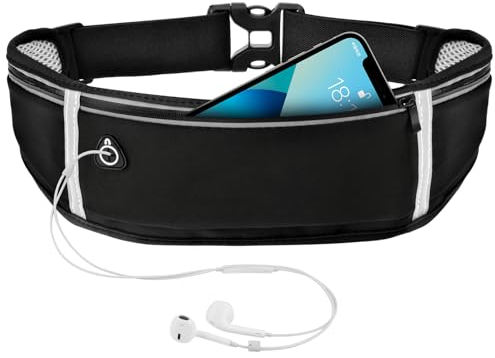 WuGU Riñonera Running para Correr, Deportiva Impermeable Ajustable con Tiras Reflectante, Cinturon Running con Orificio Auriculares, Cinturón de Fitness para Deporte, Viaje, Aire Libre (Negro)