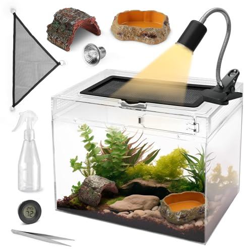 AZV Reptile Terrarium Starter Kit,8 Piece Small Reptile Tank with Escape-Proof Locks,Mesh Top,Multi-Vent Compatible Habitat,Durable Clear PC,Easy-Clean Waterproof Base for Geckos,Frogs,Spiders Large