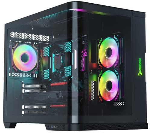 GAMEPOWER Warcry Vertex Curved Gaming PC Gehäuse, ATX Mid Tower, Desktop Computer Case mit Tempered Glass, Aquarium Stil, Inklusive 3X PWM ARGB Lüfter, Staubfilter, Schwarz