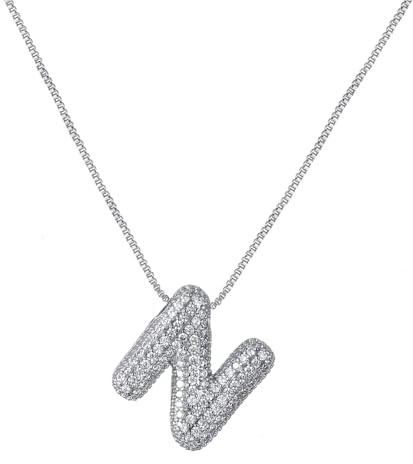 RWQIAN Bubble Initial Letter Chain Argento Delle Donne Balloon Sparkling Zirconia Lettera Pendente Collana Alfabeto N Gioielli Regali delle Donne