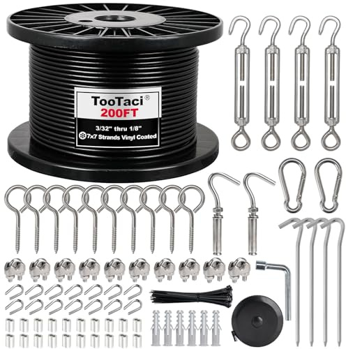 TooTaci 1/8 Wire Rope Kit, 200FT Black Vinyl Coated Stainless Steel Cable with M5 Turnbuckles for Cables Wire for String Light Hanging, Clothesline, Garden Trellis, Curtain
