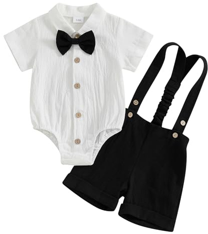 Toddler Baby Boy Gentleman Summer Outfit Short Sleeve Solid Color Romper Bodysuit with Bow Tie T-shirt Top and Suspender Shorts 3Pcs Tracksuit Set Clothes for Little Boy (Black, 3-6 Months)
