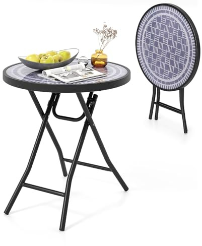 KOMFOTTEU Trädgårdsbord i härdat glas, 46 cm, hopfällbart sidobord med metallram, runt matbord för uteplats, land, balkong, sidobord för inomhus- och utomhusbruk (grå)