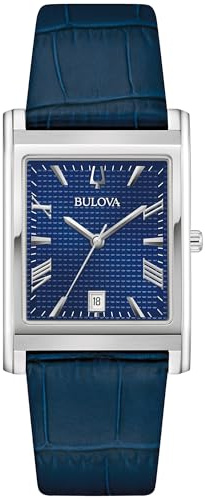Bulova Men's Classic Sutton 3-Hand Calendar Quartz Leather Strap, Patterned Dial, Sapphire Crystal, 29 x 41mm, Blue, Sutton Quartz Silver-Tone Stainless Steel Strap