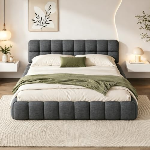 YGHQAP Polsterbett Bubble Bett 140x200cm, Doppelbett mit Lattenrost und weicher Rückenlehne, Jugendbett Flachbett Bettgestell, Leinen, ohne Matratze (Grau, 140 * 200)