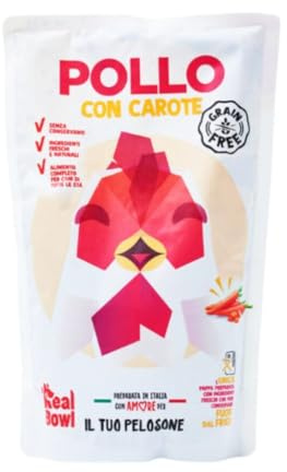 RealBowl Umido Cane gusto Pollo e Carote, alimento completo per cani adulti di tutte le taglie, barf, alimento cucinato naturalmente | 6 bustine da 150 grammi l’una.