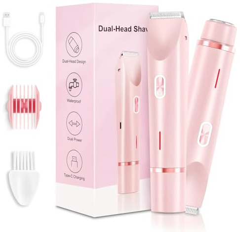 Silky Splash - Maquinilla de afeitar eléctrica 2 en 1 de doble cabeza, Genital Area Pro, IPX7 impermeable, recortadora de bikini inalámbrica húmeda y seca, afeitadora eléctrica para mujer con estado