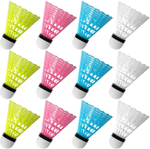 FYSL Federball Set 12 Stück Langlebige Badminton Bälle, Hochwertige Nylon Federbälle Speed für Draußen, Übung, Freizeit, Einsteiger (Weiß+Gelb+Rosa+Blau)