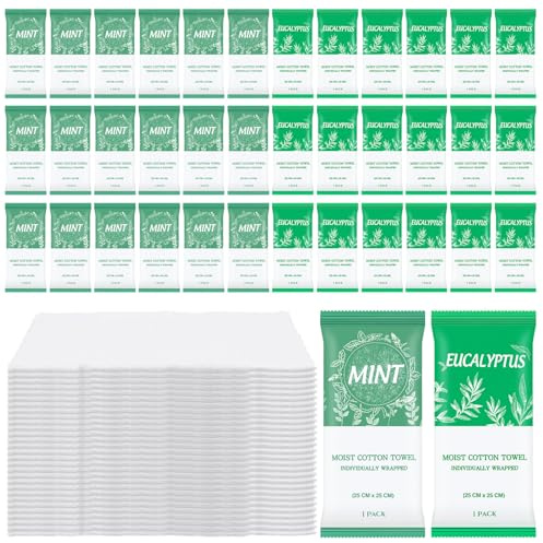 Moist Towelettes, Disposable Pre Moistened Towels Individually Wrapped, Soft Portable Face & Body Wet Towels for Travel Hotel Sport Camping Spa 9.8 inch (Pack of 60, Mint & Eucalyptus Leaf)