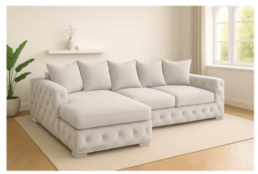 Sofaya Plush Chesterfield Corner Sofa with Left or Right Hand Option - L Shaped Sofa with Deep Tufted Buttons – Chaise Sofa Couch with Scatter Cushions for Living Room (Cream, Left Hand Chaise)