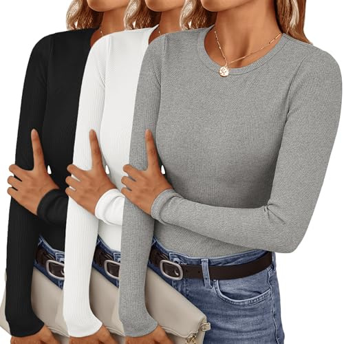 Ekouaer Womens Long Sleeve Shirts 3 Packs Crew Neck Stretchy Fitted Tops Ribbed Base Layer Soft Thermal Undershirts Tee, Black/White/Gray, M
