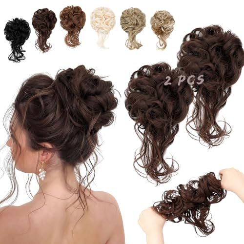 FeidyLong 2PCS Messy Bun Hair Piece Tousled Updo with Tendrils Wavy Curly Hair Bun Scrunchies Ponytail Extension Elastic Band Hairpieces For Women (Medium Brown)