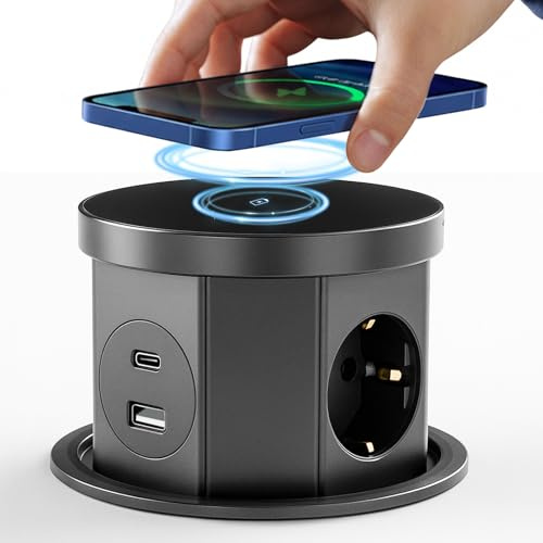 Versenkbare Steckdose, Tischsteckdose mit 15W Kabellosem Ladegerät,1 USB C, 1 USB-A, für Büro Küche Tischsteckdosenleiste, 1.5m Kabel, D 120mm