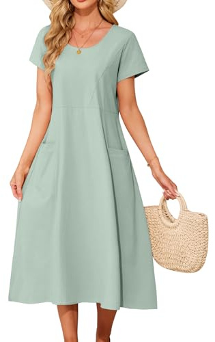 PASUDA klänning dam maxiklänningar sommarklänningar bomull casual kortärmad lös sommarklänning strandklänningar boho lång elegant rund hals fritidsklänning med fickor, Grön, XXL