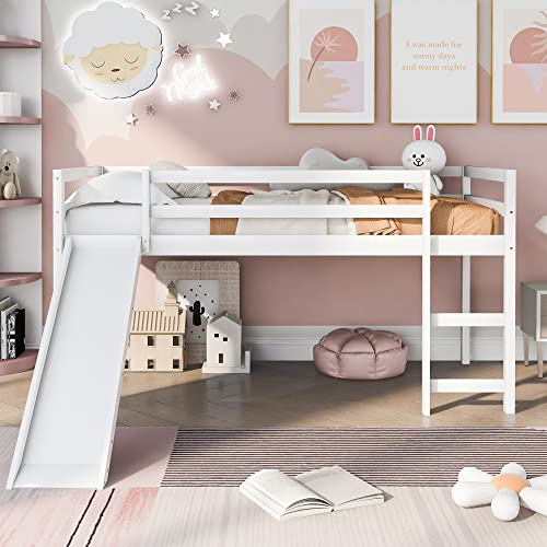 Kids Low Loft Bed with Slide,Twin Size Solid Wood Loft Bed Frame with Safety Guardrails & Ladder,Large Under-Bed Play Area for Boys Girls,No Box Spring Needed,Easy Assembly,White