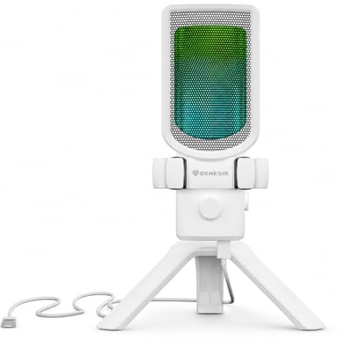 Genesis Radium 250 USB-mikrofon för spel och streaming – kondensatormikrofon med njurkarakteristik, RGB-ljus, gain och tyst knapp, 24 bit/192 kHz, bordsstativ och pop-filter, vit
