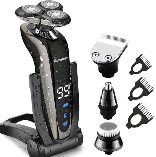 Kurener Rasoir électrique pour homme rechargeable 100 % étanche rotatif pour le rasage avec tondeuse de nez, pattes et brosse de nettoyage du visage