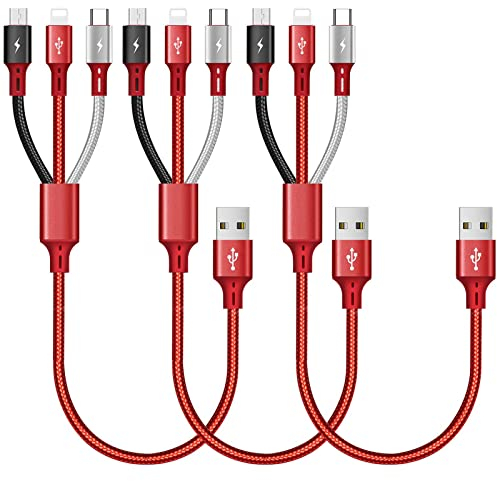 ASICEN 3 in 1 Short Multi Charger Cable, 35cm Multi USB Cable, Fast Charger Cable with IP/Micro USB/Type C for iPhone/Tablets/Samsung Galaxy/LG/Pixel/Huawei/HTC/OnePlus/PS(Red/3pack)