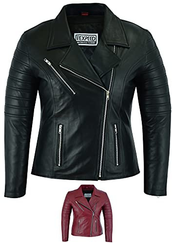 Texpeed Womens Casual Marlon Brando Leather Jacket - Ladies Real Genuine Soft Touch Sheepskin Biker Motorcycle Style Leather Coat Black - S