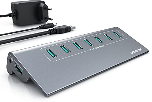 CSL - USB 3.2 Gen2 Hub - 7 Port Verteiler aktiv - 10 Gbit/s – Aktiver Betrieb – mit Netzteil – Metallgehäuse anthrazit - für PC Notebook Laptop Tablet - für Windows und MacOS
