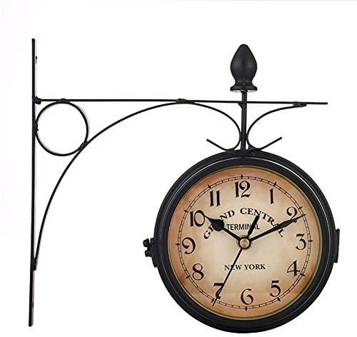 Uposao Orologio da parete retrò a doppia faccia, orologio da parete in ferro con numero di 21,8 cm, a batteria, orologio della stazione di New York per interni ed esterni, giardino, cucina, cortile