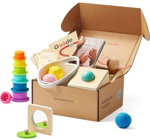 Tiny Land Montessori Gioco Bimbi 7-9 Mesi Kit Sensoriale - Giocattoli Educativi Legno 5 in 1 con Scatola Permanenza Oggetto, Palla Sensoriale, Tazze Impilabili, Puzzle Specchio e Libro Tattile