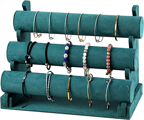 powerking Espositore per gioielli in velluto verde, 3 ripiani staccabili per braccialetti e orologi