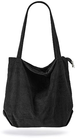 Jadin Cord Tasche Damen Groß, Shopper Damen Groß, The Tote Bag mit Reißverschluss, Umhängetasche Damen groß, Cordtaschen Damen für Arbeit Büro Reisen Einkaufen Schule und Alltag (Schwarz)