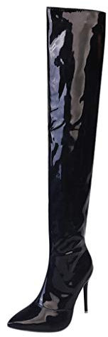 UnoSheng Bottines pour femme - Solide - Fermeture éclair - Cuissardes - Sexy - Bottes longues - Chaussures de loisirs - Latex - Pour femme, Noir , 42 EU