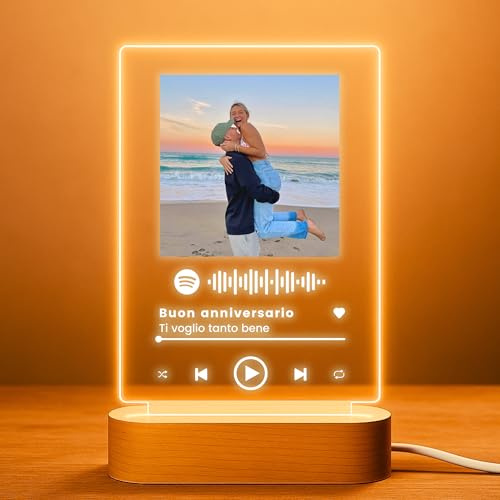 Cristal Plaque - Lámpara Personalizada con Foto y Canción Spotify | Placa Personalizada con Luz LED | Regalo Original para Parejas, Aniversario o Cumpleaños | Cuadro Personalizado con Base de Madera