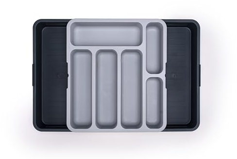 MyCulina Cutlery Drawer Organiser, Expandable Utensil Tray for the Kitchen, Adjustable to Fit Your Silverware and Flatware, Extendible Storage for Spoons Forks Knives, Flexible Size (Antra/Light Grey)