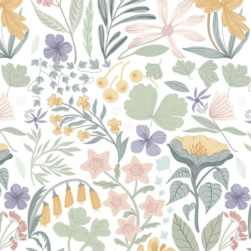 CiCiwind Self Adhesive Wallpaper White Floral Vinyl Wrap 41cm×3m Waterproof Peel and Stick Wallpaper Green Yellow Flowers Leaves Contact Paper Thicken Stick on Wallpaper for Wall Cabinets Decor